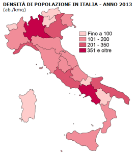Carta tematica relativa alla densità di popolazione in Italia nel 2013