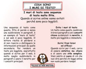 Cosa sono i muri di testo? Immagine che mostra un muro di testo e che dà qualche consiglio per aumentare la leggibilità di un testo.