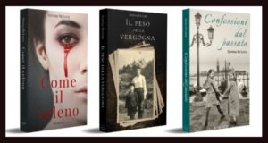 Le copertine dei tre romanzi di Serena McLeen: Come il veleno, Il peso della vergogna, Confessioni dal passato.